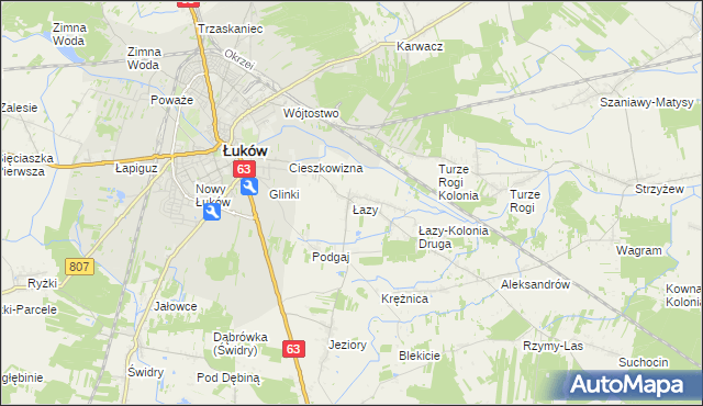 mapa Łazy gmina Łuków, Łazy gmina Łuków na mapie Targeo