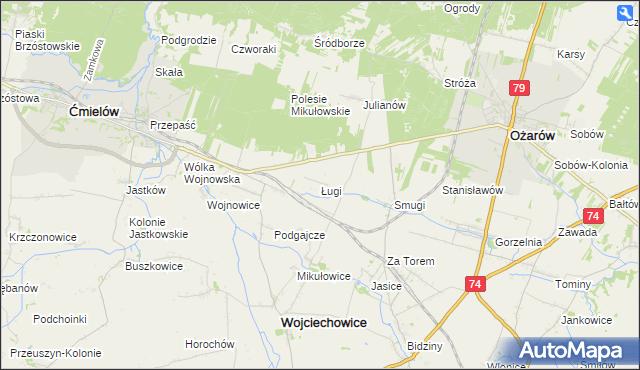 mapa Ługi gmina Wojciechowice, Ługi gmina Wojciechowice na mapie Targeo