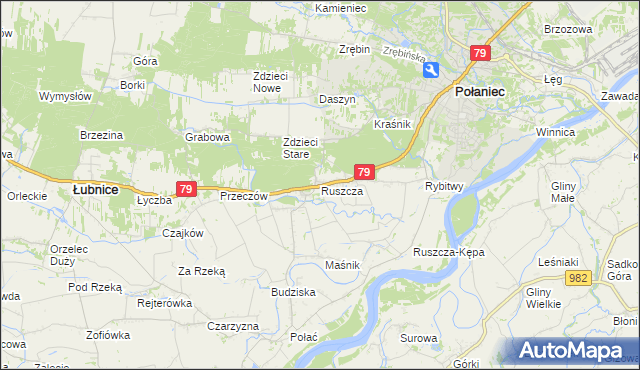 mapa Ruszcza gmina Połaniec, Ruszcza gmina Połaniec na mapie Targeo