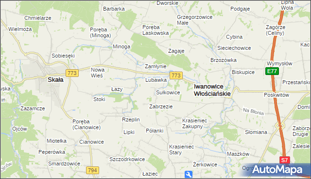 mapa Sułkowice gmina Iwanowice, Sułkowice gmina Iwanowice na mapie Targeo