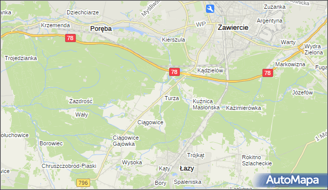 mapa Turza gmina Łazy, Turza gmina Łazy na mapie Targeo