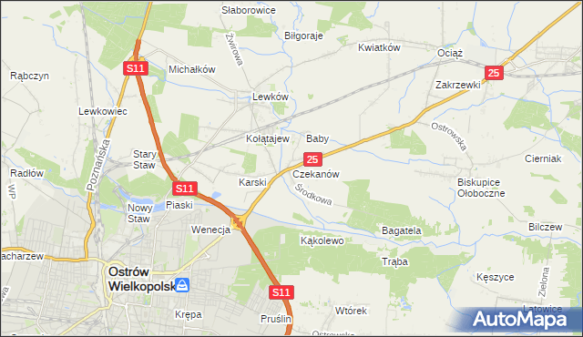 mapa Czekanów gmina Ostrów Wielkopolski, Czekanów gmina Ostrów Wielkopolski na mapie Targeo