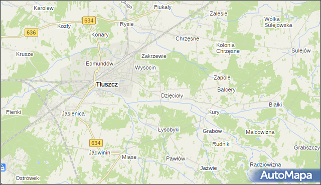 mapa Dzięcioły gmina Tłuszcz, Dzięcioły gmina Tłuszcz na mapie Targeo