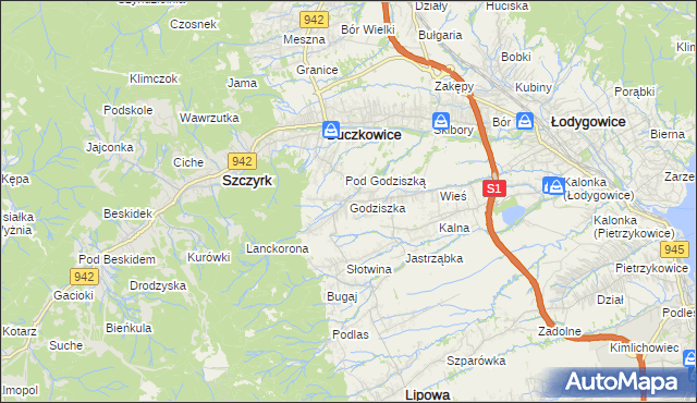 mapa Godziszka gmina Buczkowice, Godziszka gmina Buczkowice na mapie Targeo