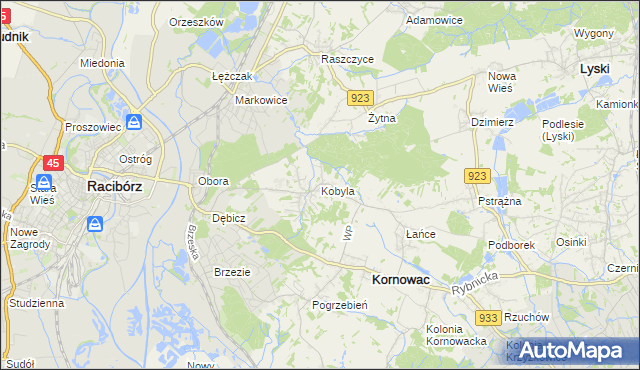 mapa Kobyla gmina Kornowac, Kobyla gmina Kornowac na mapie Targeo