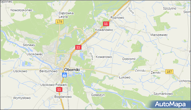 mapa Kowanowo gmina Oborniki, Kowanowo gmina Oborniki na mapie Targeo