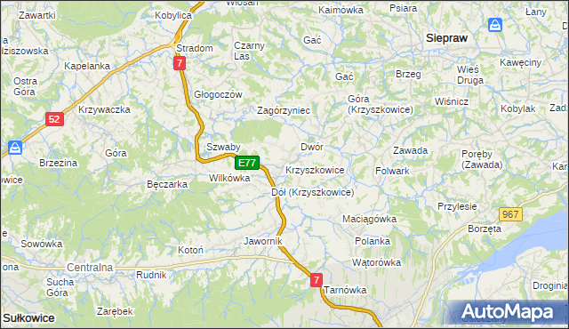 mapa Krzyszkowice gmina Myślenice, Krzyszkowice gmina Myślenice na mapie Targeo