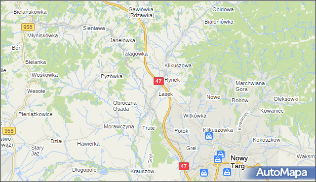 mapa Lasek gmina Nowy Targ, Lasek gmina Nowy Targ na mapie Targeo