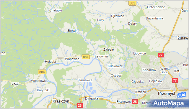 mapa Łętownia gmina Przemyśl, Łętownia gmina Przemyśl na mapie Targeo