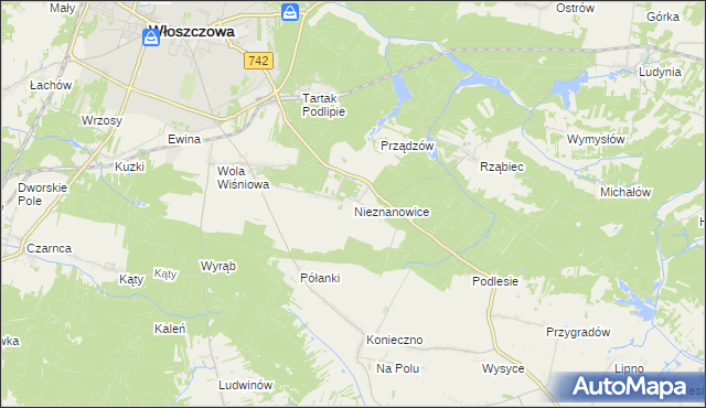 mapa Nieznanowice gmina Włoszczowa, Nieznanowice gmina Włoszczowa na mapie Targeo