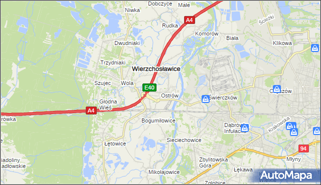 mapa Ostrów gmina Wierzchosławice, Ostrów gmina Wierzchosławice na mapie Targeo