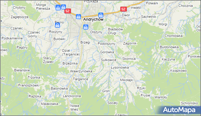 mapa Sułkowice gmina Andrychów, Sułkowice gmina Andrychów na mapie Targeo
