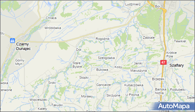 mapa Szeligówka gmina Czarny Dunajec, Szeligówka gmina Czarny Dunajec na mapie Targeo