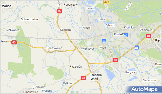 mapa Większyce, Większyce na mapie Targeo
