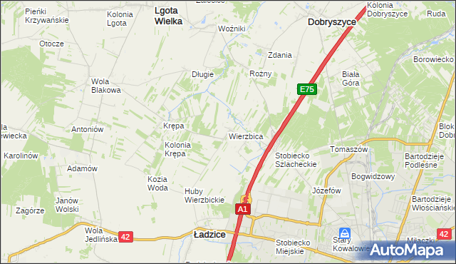 mapa Wierzbica gmina Ładzice, Wierzbica gmina Ładzice na mapie Targeo