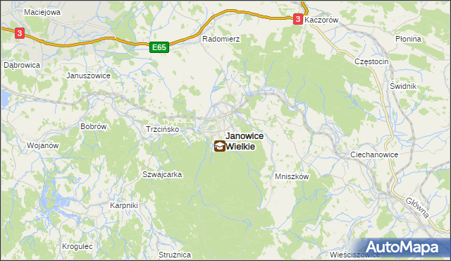 mapa Janowice Wielkie, Janowice Wielkie na mapie Targeo