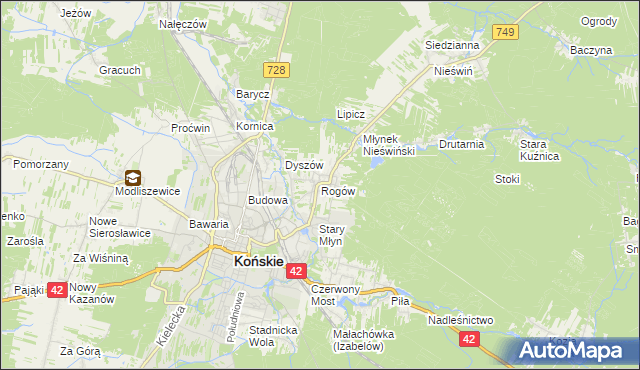 mapa Rogów gmina Końskie, Rogów gmina Końskie na mapie Targeo