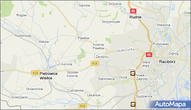 mapa Żerdziny gmina Pietrowice Wielkie, Żerdziny gmina Pietrowice Wielkie na mapie Targeo