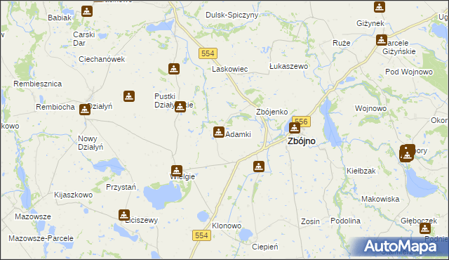 mapa Adamki gmina Zbójno, Adamki gmina Zbójno na mapie Targeo