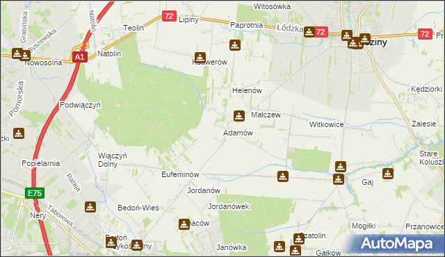 mapa Adamów gmina Brzeziny, Adamów gmina Brzeziny na mapie Targeo