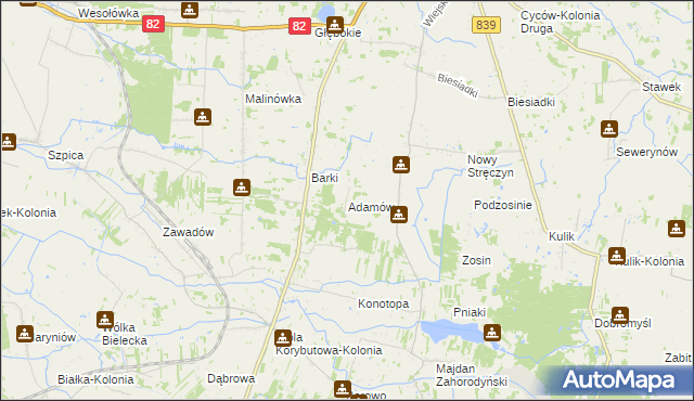 mapa Adamów gmina Cyców, Adamów gmina Cyców na mapie Targeo