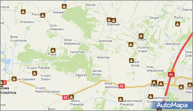 mapa Adamów gmina Ładzice, Adamów gmina Ładzice na mapie Targeo