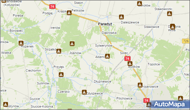 mapa Adamów gmina Paradyż, Adamów gmina Paradyż na mapie Targeo