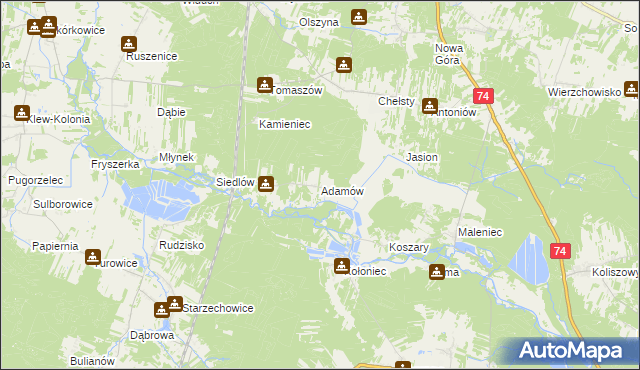 mapa Adamów gmina Żarnów, Adamów gmina Żarnów na mapie Targeo