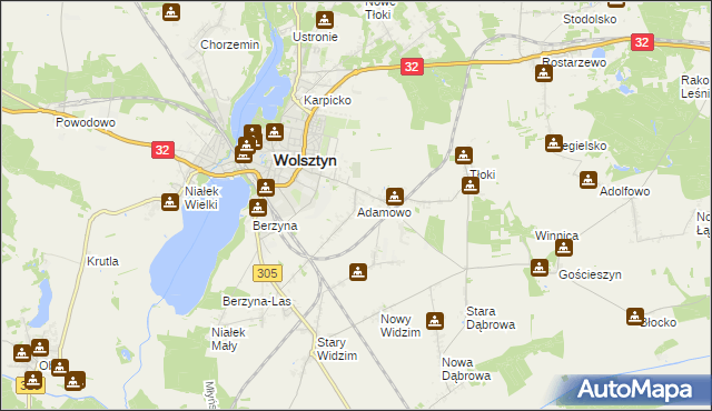 mapa Adamowo gmina Wolsztyn, Adamowo gmina Wolsztyn na mapie Targeo