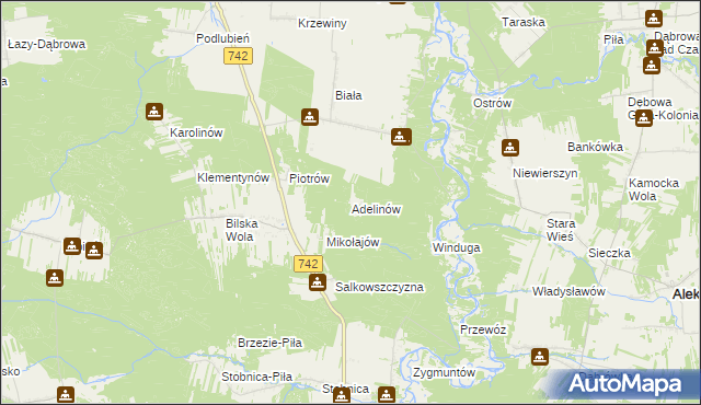mapa Adelinów gmina Sulejów, Adelinów gmina Sulejów na mapie Targeo