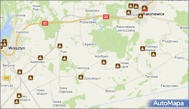 mapa Adolfowo gmina Rakoniewice, Adolfowo gmina Rakoniewice na mapie Targeo