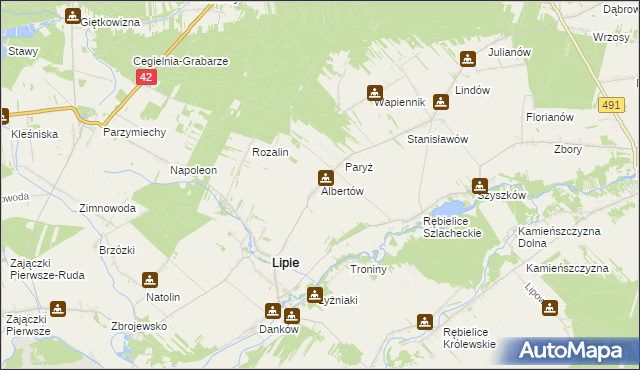 mapa Albertów gmina Lipie, Albertów gmina Lipie na mapie Targeo