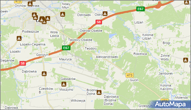 mapa Aleksandrówek gmina Łask, Aleksandrówek gmina Łask na mapie Targeo