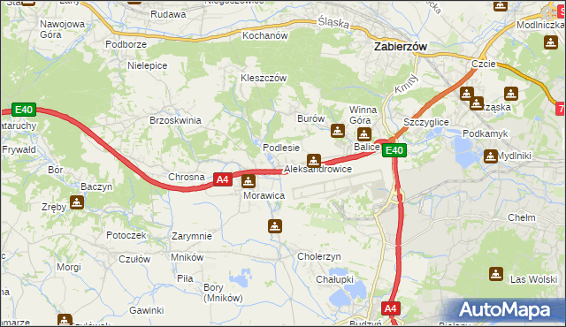 mapa Aleksandrowice gmina Zabierzów, Aleksandrowice gmina Zabierzów na mapie Targeo