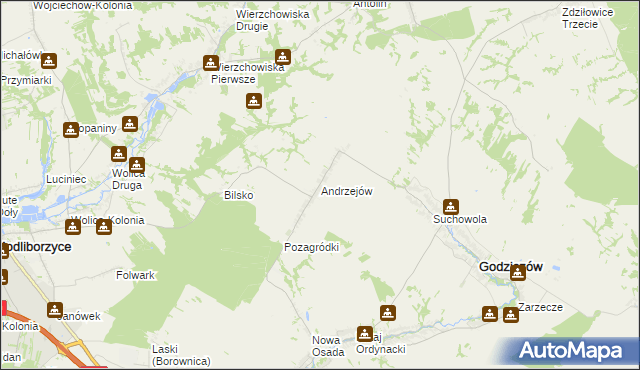 mapa Andrzejów gmina Godziszów, Andrzejów gmina Godziszów na mapie Targeo