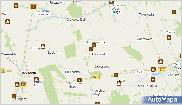 mapa Antoniówka gmina Wysokie, Antoniówka gmina Wysokie na mapie Targeo