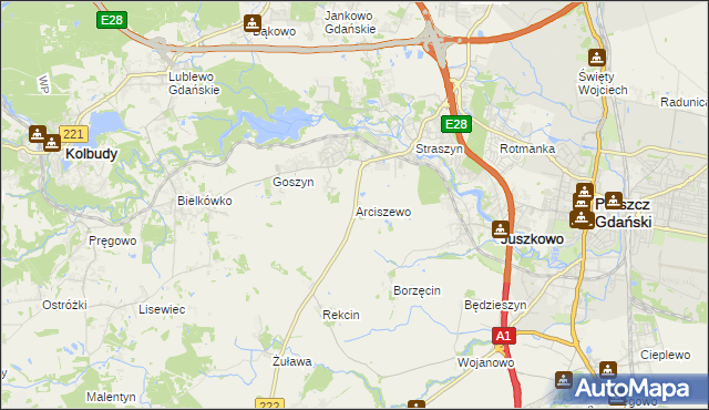 mapa Arciszewo gmina Pruszcz Gdański, Arciszewo gmina Pruszcz Gdański na mapie Targeo