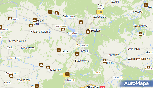 mapa Augustów gmina Drzewica, Augustów gmina Drzewica na mapie Targeo