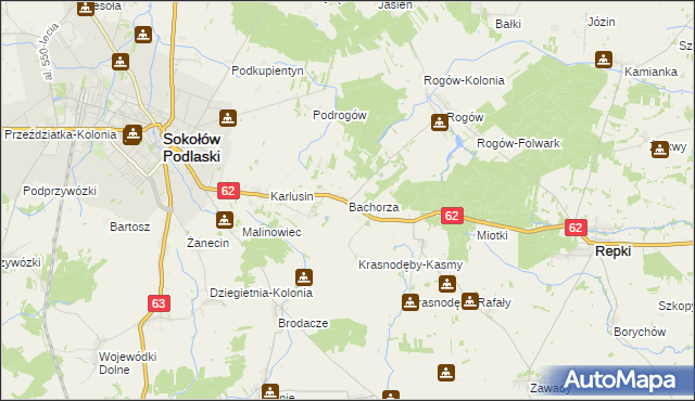 mapa Bachorza gmina Sokołów Podlaski, Bachorza gmina Sokołów Podlaski na mapie Targeo