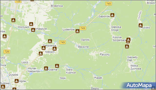 mapa Baczyna gmina Końskie, Baczyna gmina Końskie na mapie Targeo