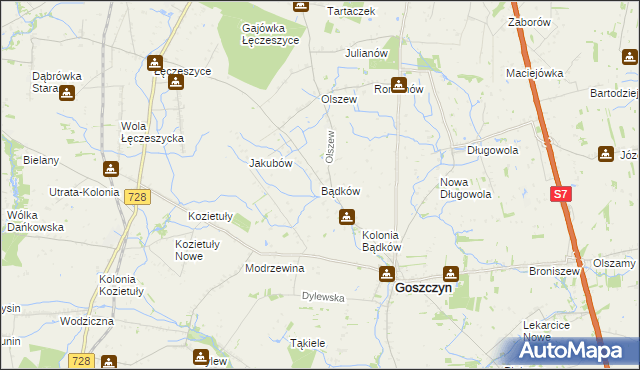 mapa Bądków gmina Goszczyn, Bądków gmina Goszczyn na mapie Targeo
