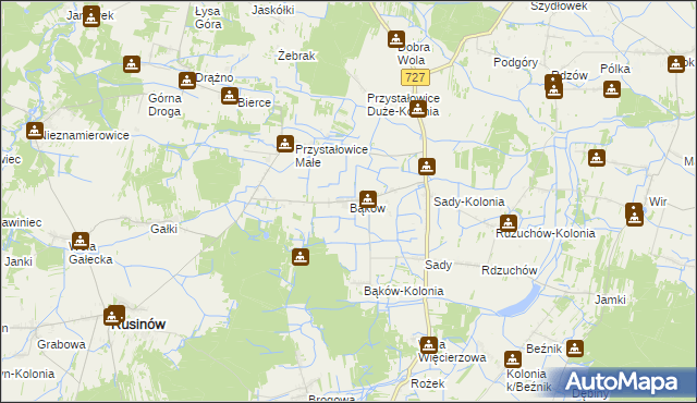 mapa Bąków gmina Rusinów, Bąków gmina Rusinów na mapie Targeo