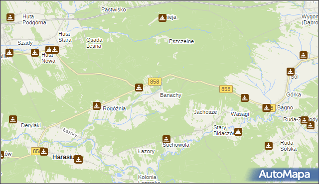 mapa Banachy gmina Harasiuki, Banachy gmina Harasiuki na mapie Targeo