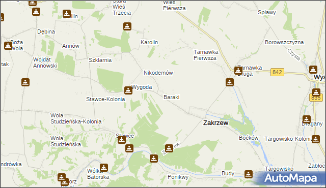 mapa Baraki gmina Zakrzew, Baraki gmina Zakrzew na mapie Targeo