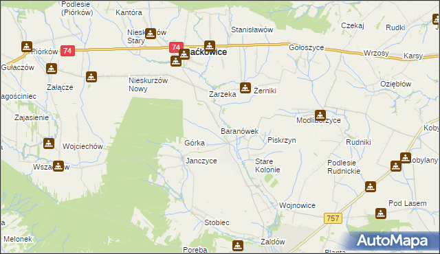 mapa Baranówek gmina Baćkowice, Baranówek gmina Baćkowice na mapie Targeo