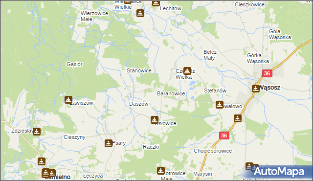 mapa Baranowice gmina Wąsosz, Baranowice gmina Wąsosz na mapie Targeo