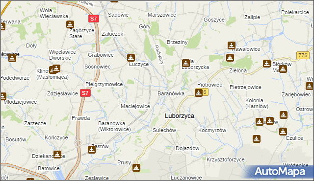 mapa Baranówka gmina Kocmyrzów-Luborzyca, Baranówka gmina Kocmyrzów-Luborzyca na mapie Targeo