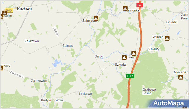 mapa Bartki gmina Kozłowo, Bartki gmina Kozłowo na mapie Targeo