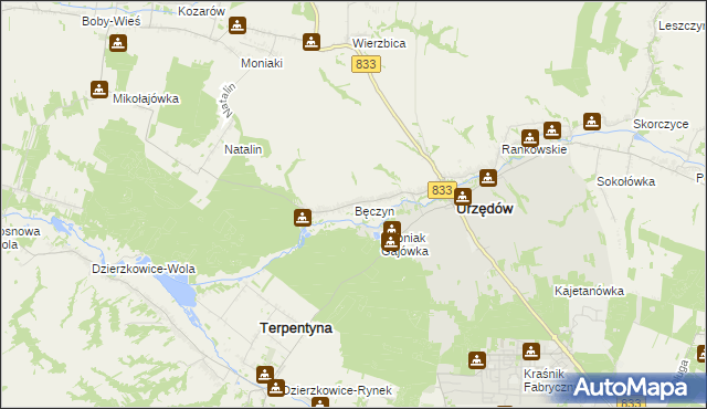 mapa Bęczyn gmina Urzędów, Bęczyn gmina Urzędów na mapie Targeo