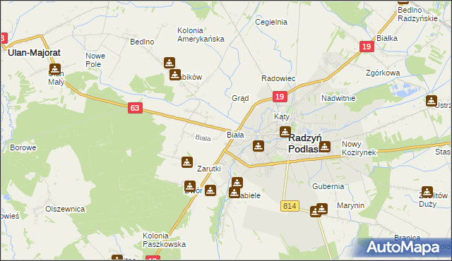 mapa Biała gmina Radzyń Podlaski, Biała gmina Radzyń Podlaski na mapie Targeo